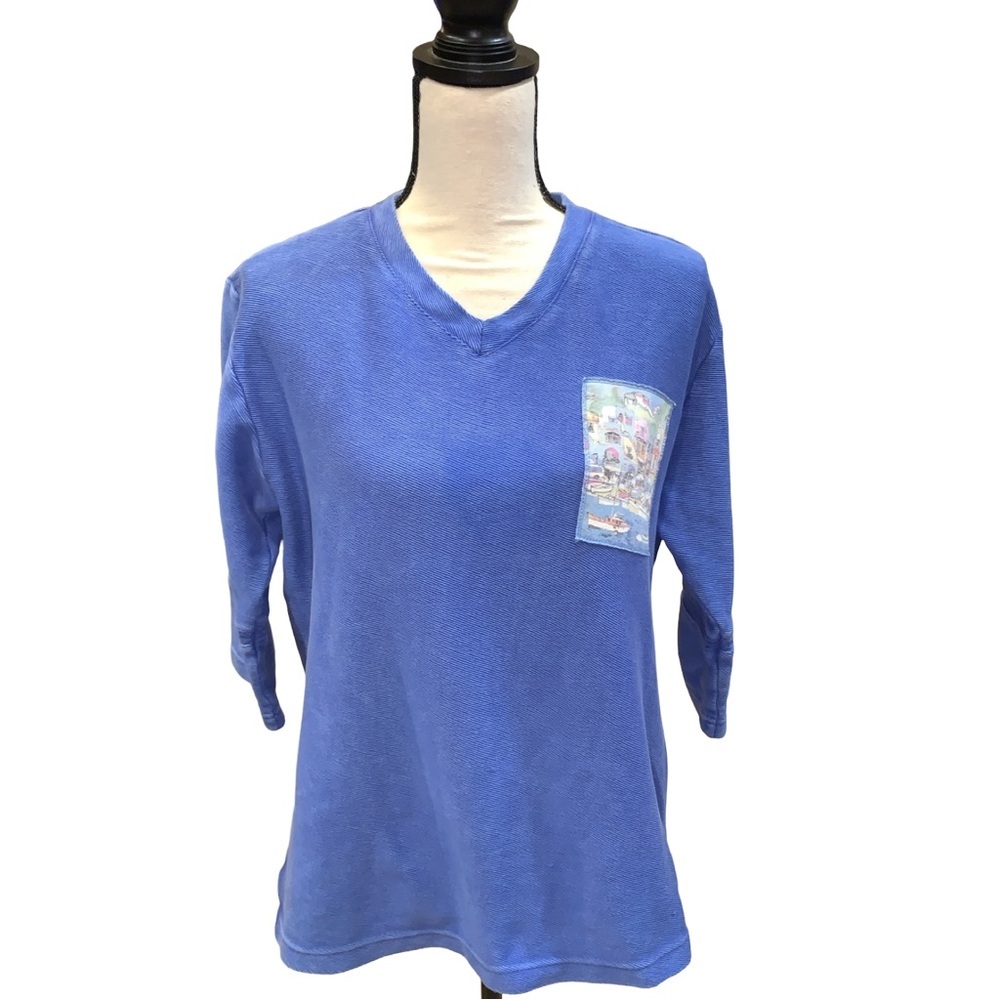 Michael Leu Knit Shirt Womens Small Blue 3/4 Sleeve Top Colorful Wearable Art